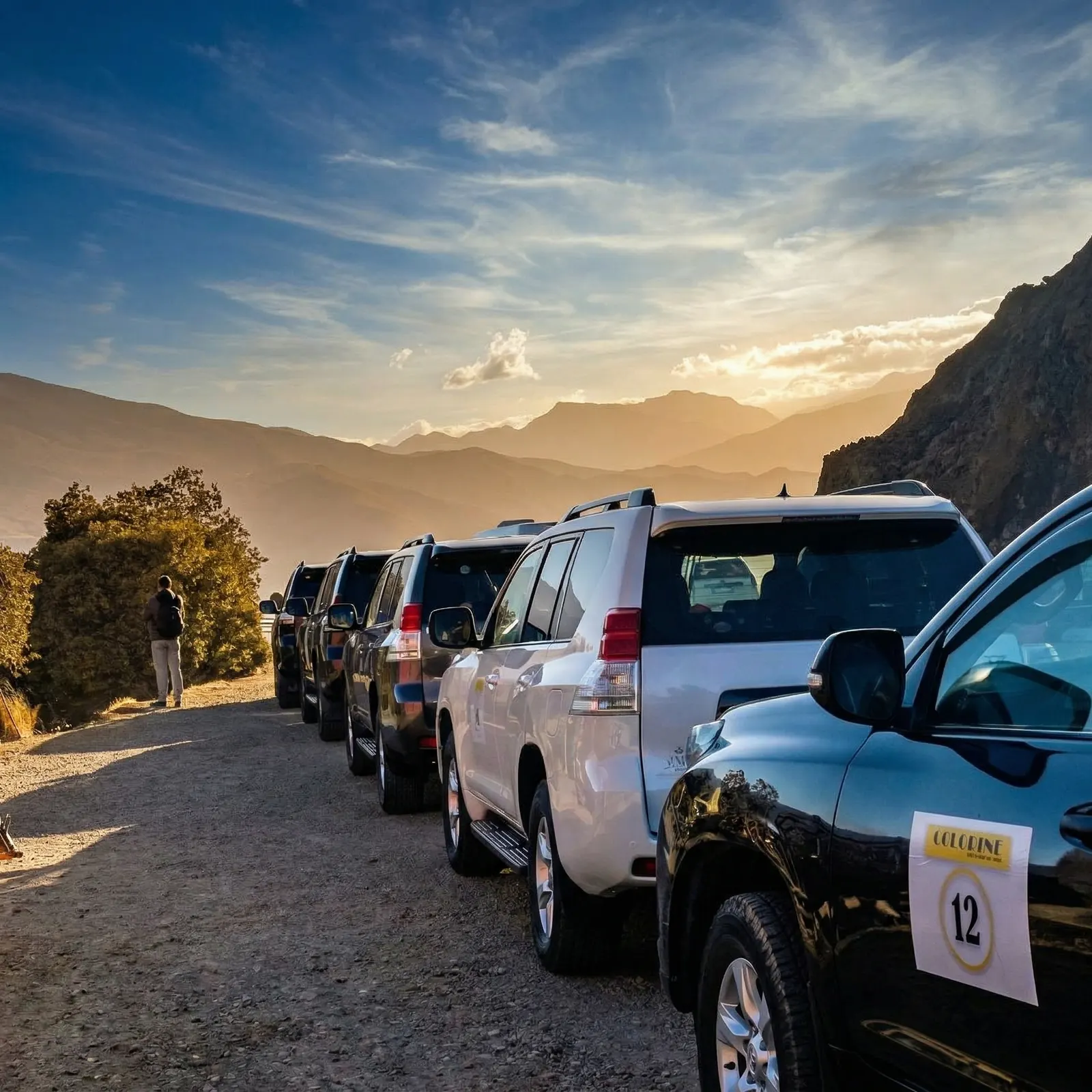 Convoi 4x4 au coucher du soleil dans le Haut Atlas